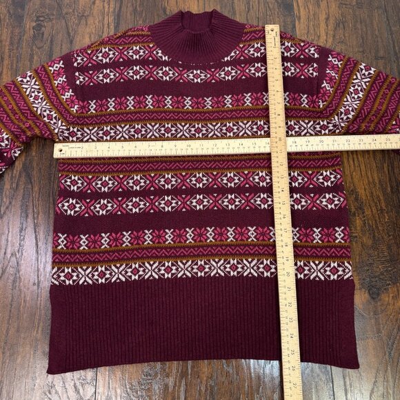 LOFT Sweater Small Burgundy Fair Isle Mock Neck Long Sleeve Holiday Pullover - Picture 7 of 11